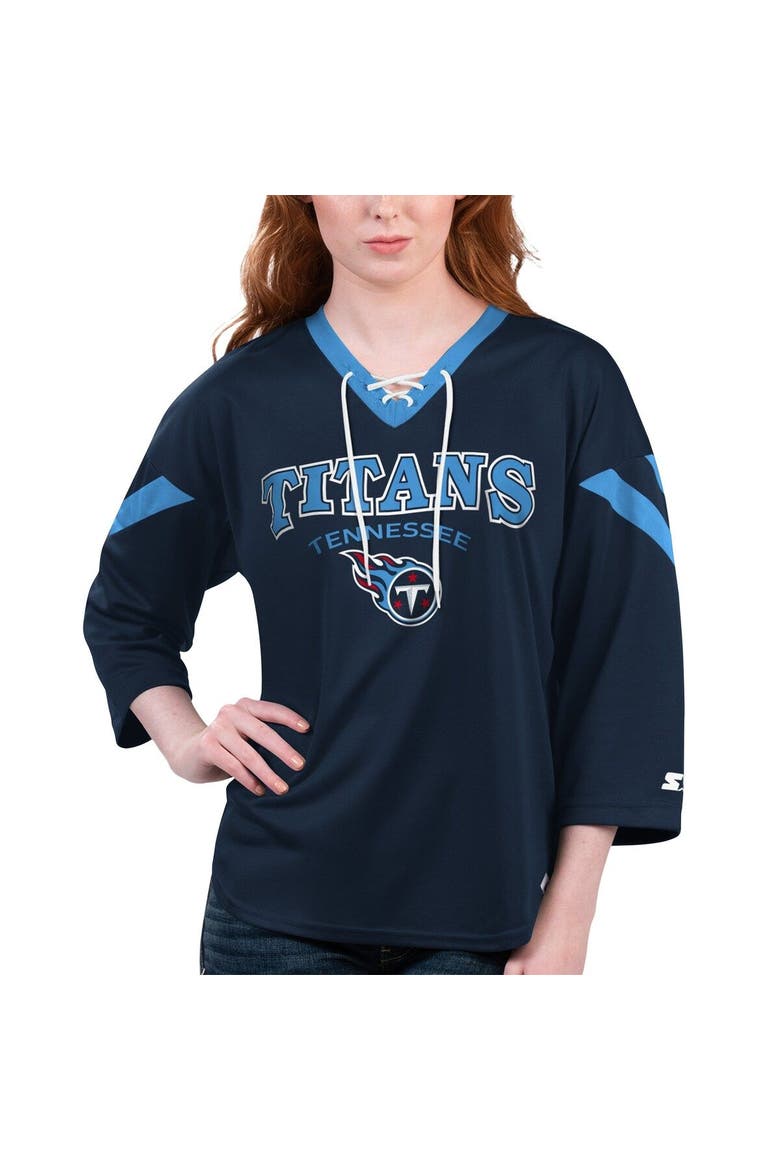 Women's Starter Navy Tennessee Titans Rally Lace-Up 3/4 Sleeve T-Shirt, Main, color, Navy
