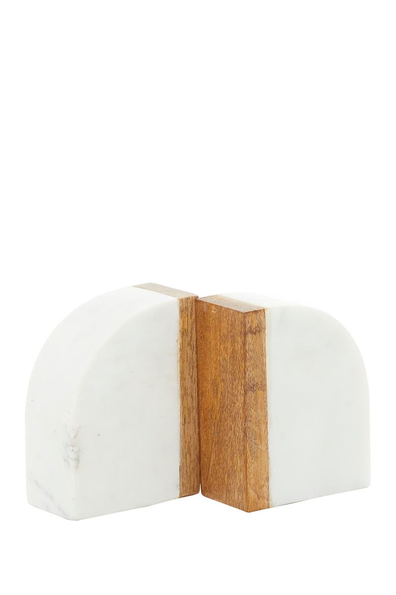 White Marble Bookend with Wood Detail - Set of 2, Alternate, color, WHITE