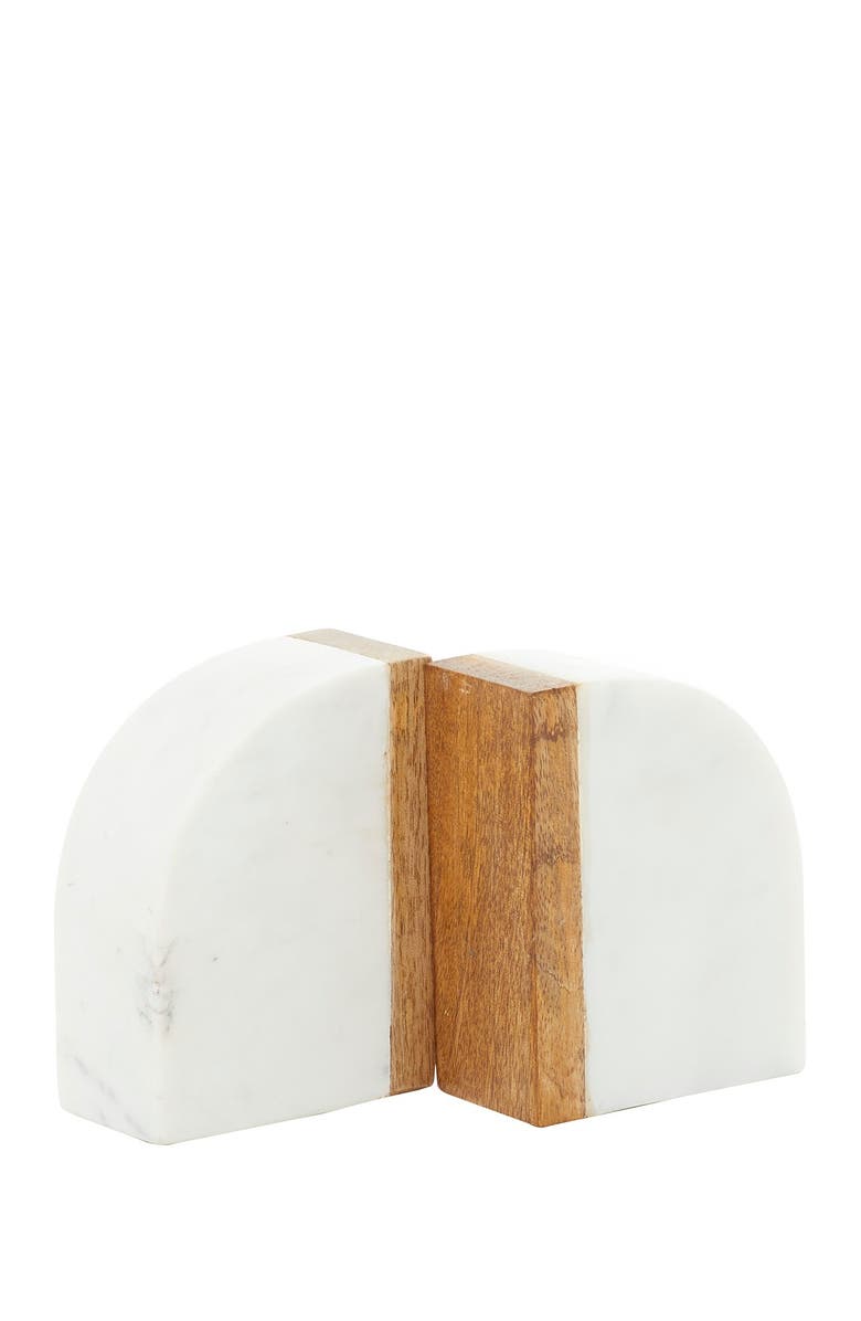 GINGER BIRCH STUDIO White Marble Bookend with Wood Detail - Set of 2, Alternate, color, White