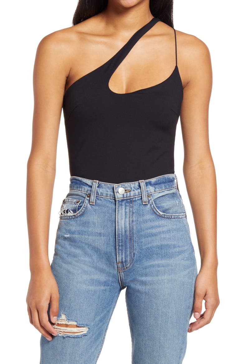 Heading Out Tonight Asymmetric One-Shoulder Bodysuit, Main, color, BLACK
