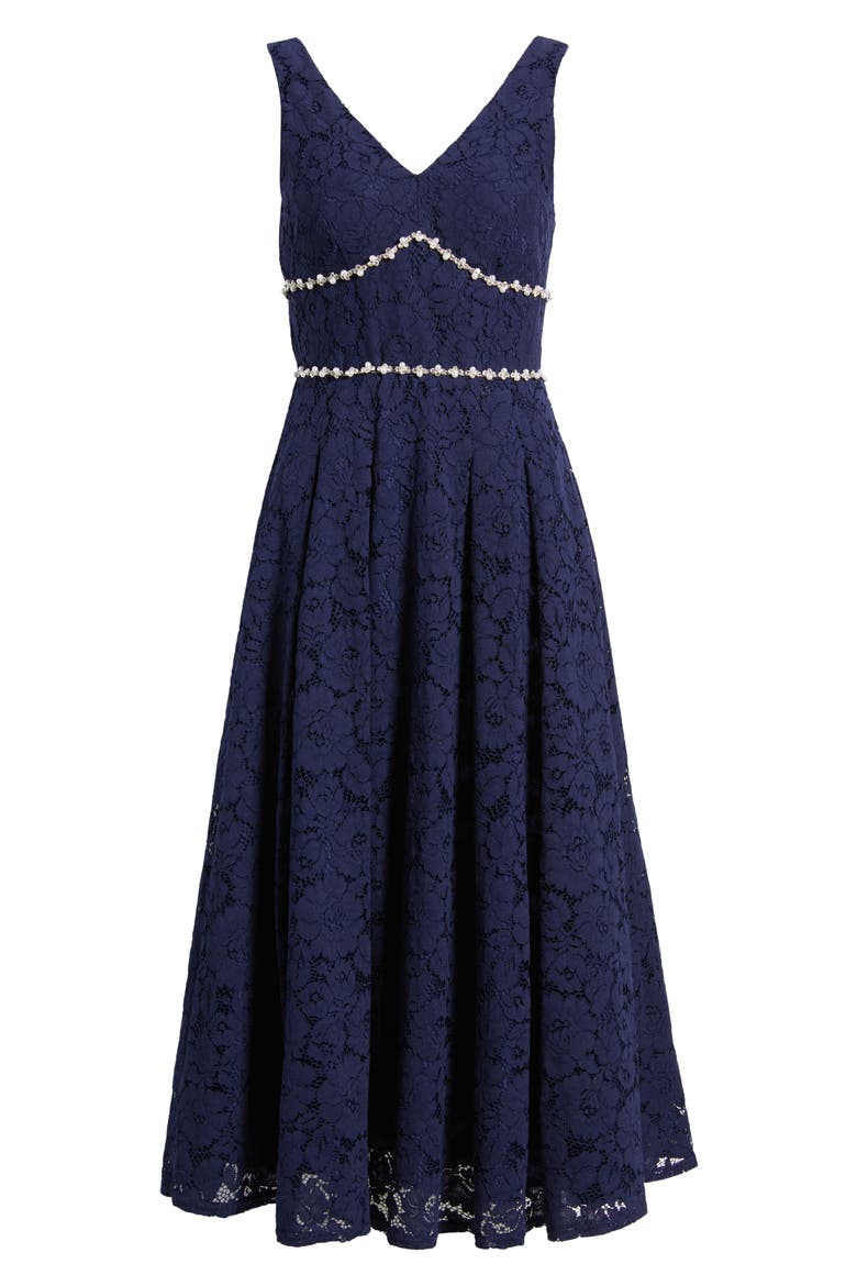 Faux Pearl & Rhinestone Detail Floral Lace Cocktail Midi Dress, Alternate, color, NAVY