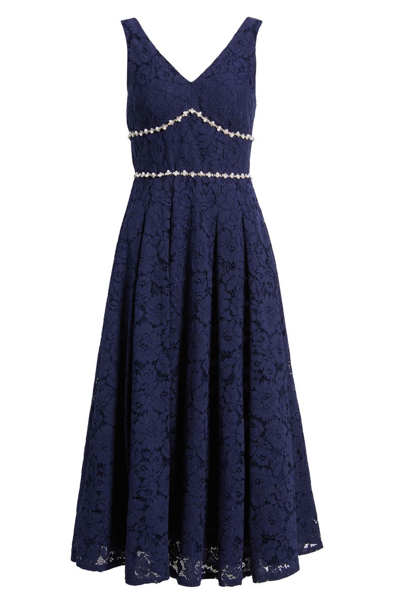 Tahari ASL Faux Pearl & Rhinestone Detail Floral Lace Cocktail Midi Dress, Alternate, color, Navy