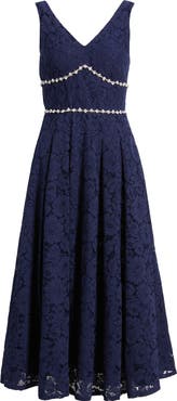 Tahari ASL Faux Pearl & Rhinestone Detail Floral Lace Cocktail Midi Dress