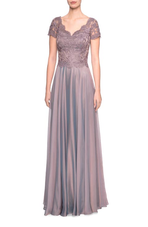 Long Chiffon Dress with Lace Bodice and Pockets