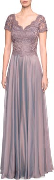 La Femme Long Chiffon Dress with Lace Bodice and Pockets