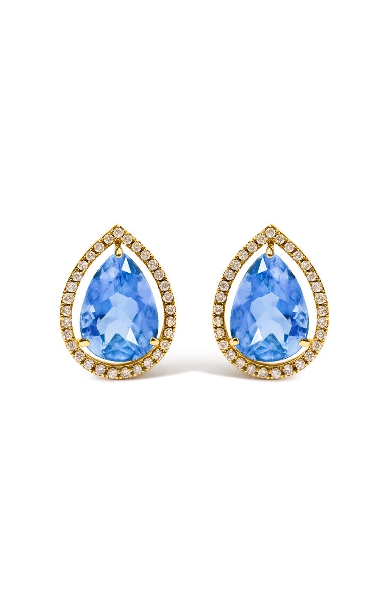 18K Yellow Gold 9x13 MM Blue Flourite Pear Halo Stud Earrings 1/2 Cttw Diamond, Main, color, Yellow Gold
