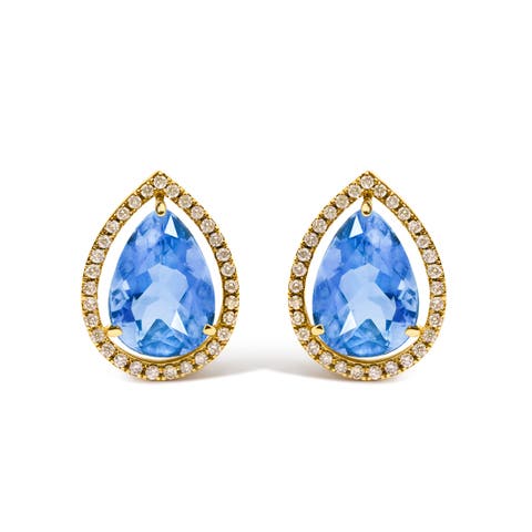 18K Yellow Gold 9x13 MM Blue Flourite Pear Halo Stud Earrings 1/2 Cttw Diamond