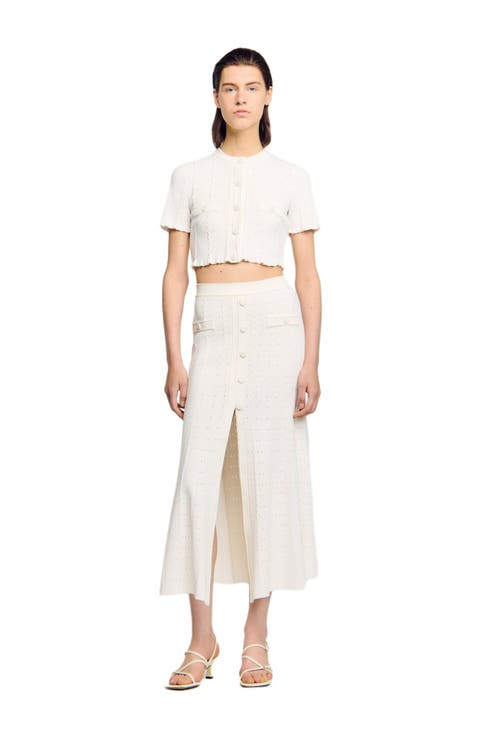 Cropped pointelle knit cardigan