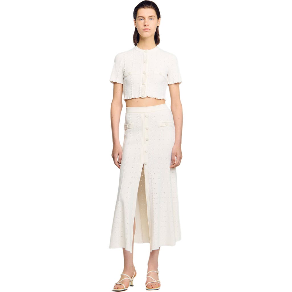Sandro Cropped Pointelle Knit Cardigan In White