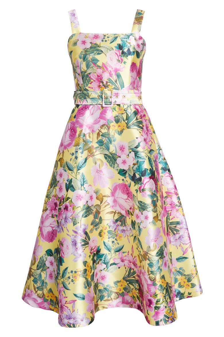 Floral Belted Fit & Flare Midi Dress, Alternate, color, YELLOW MULTI