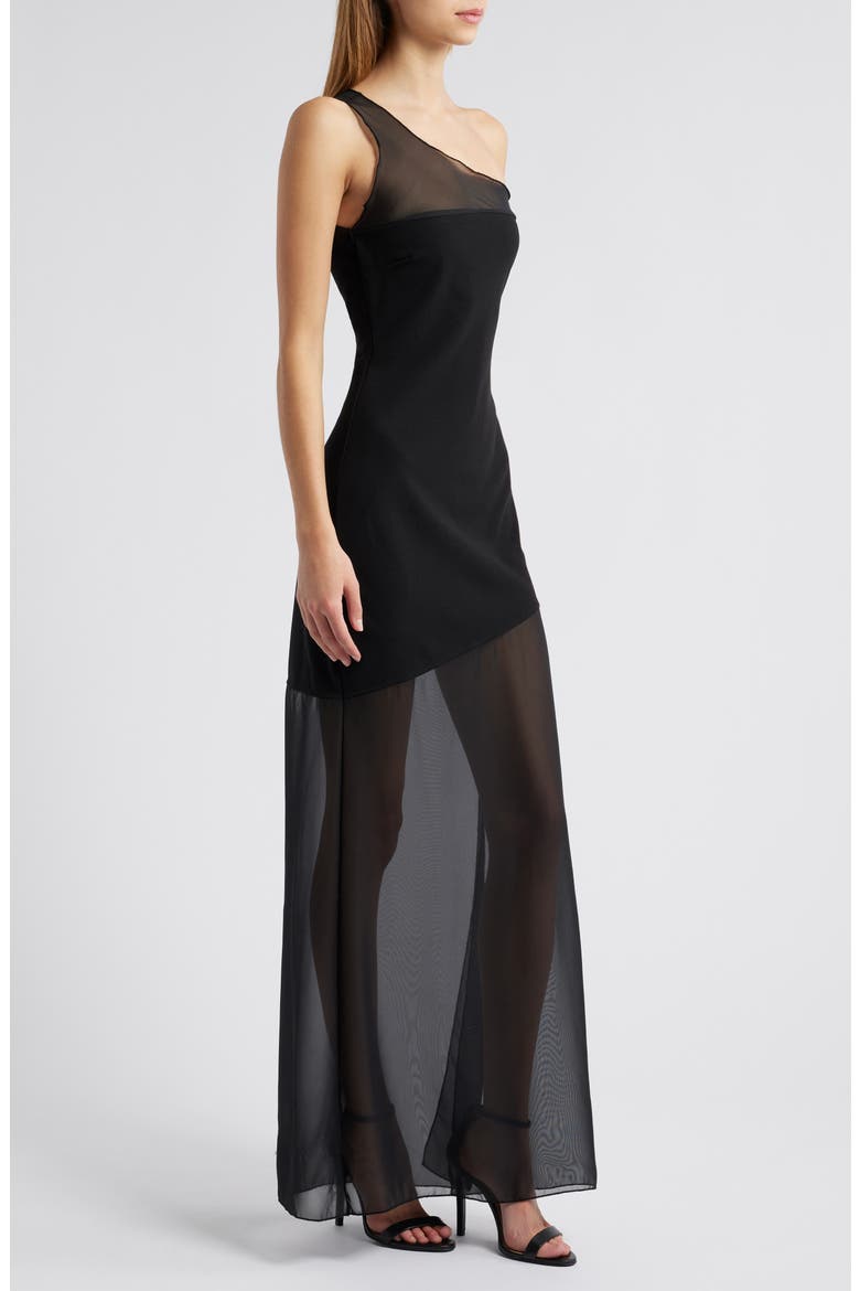 One-Shoulder Mixed Media Gown, Alternate, color, BLACK