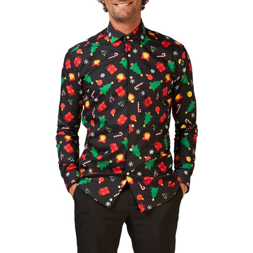 OppoSuits Christmas Icons Trim Fit Button-Up Shirt in Black