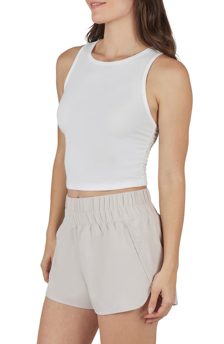 YOGALICIOUS Heavenly Phoebe Rib Knit Crop Tank & Hi-Rise Shorts 2-Piece Set, Alternate, color, Cloud Dancer-Mist Sand