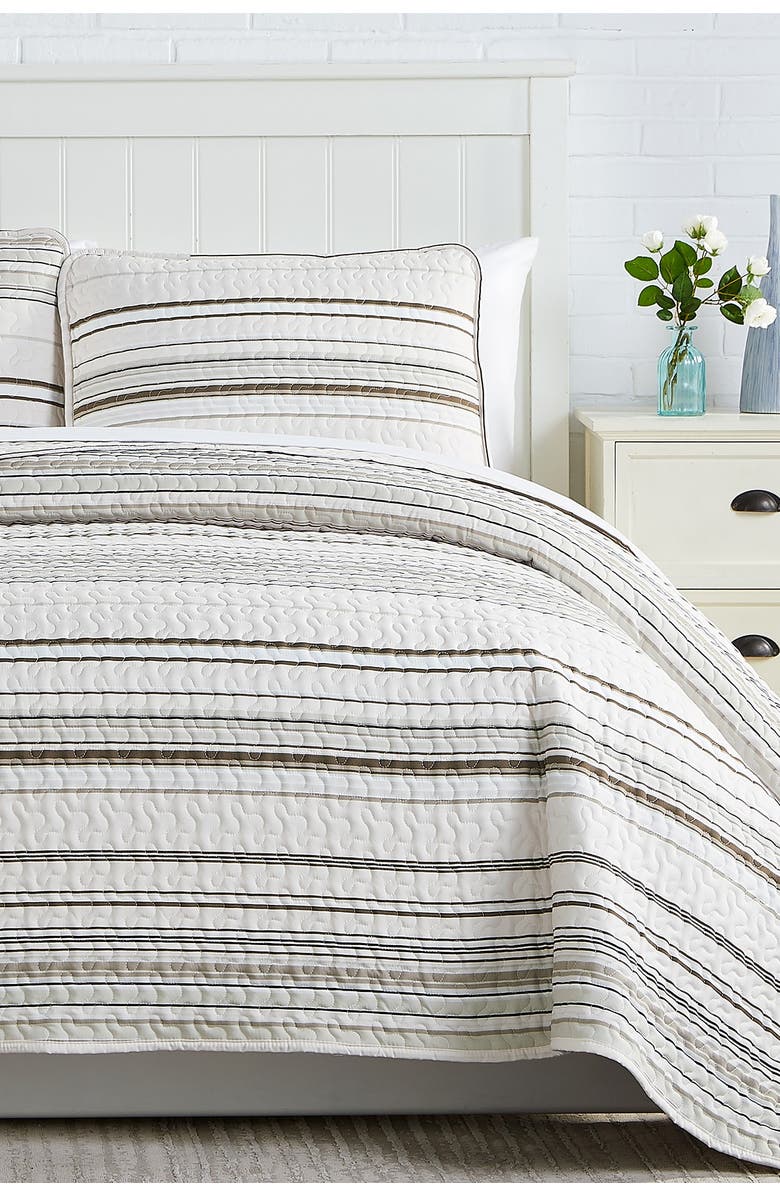 SOUTHSHORE FINE LINENS Coastal Stripes Oversized Quilt Sets, Main, color, Coastal Stripe Taupe