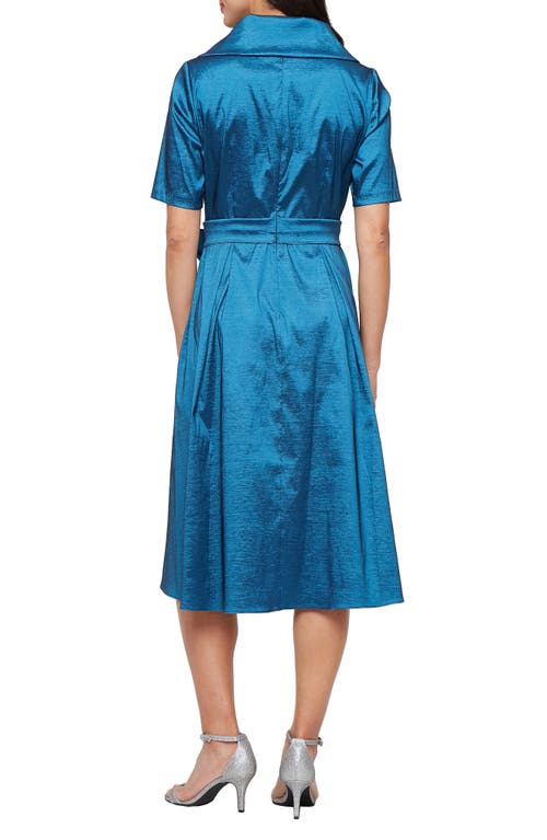 Alex Evenings Stretch Taffeta Faux Wrap Midi Cocktail Dress In Blue