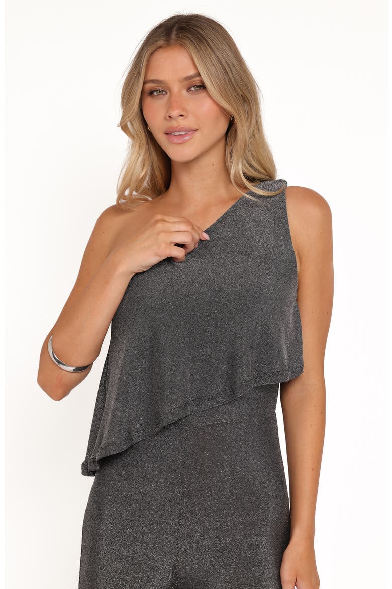 Anna Metallic One-Shoulder Flare Jumpsuit, Alternate, color, BLACK SILVER