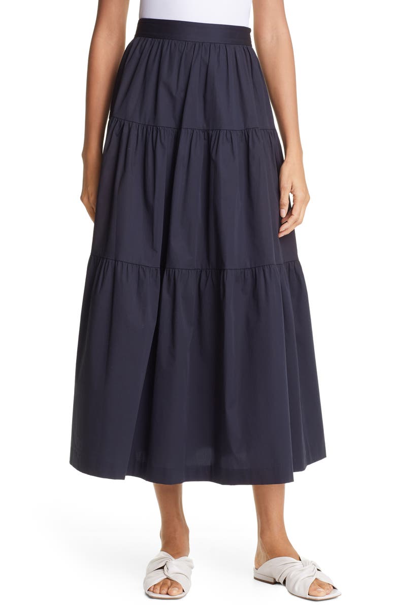 STAUD Tiered Stretch Cotton Maxi Skirt, Main, color, 