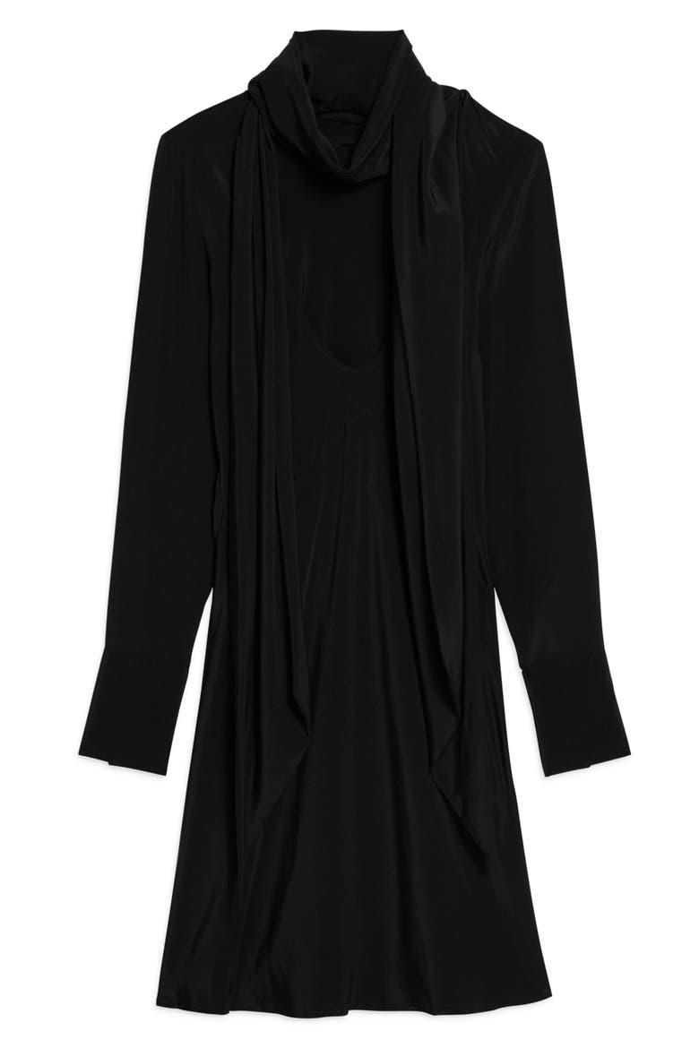 Scarf Neck Long Sleeve Silk Dress, Alternate, color, BLK