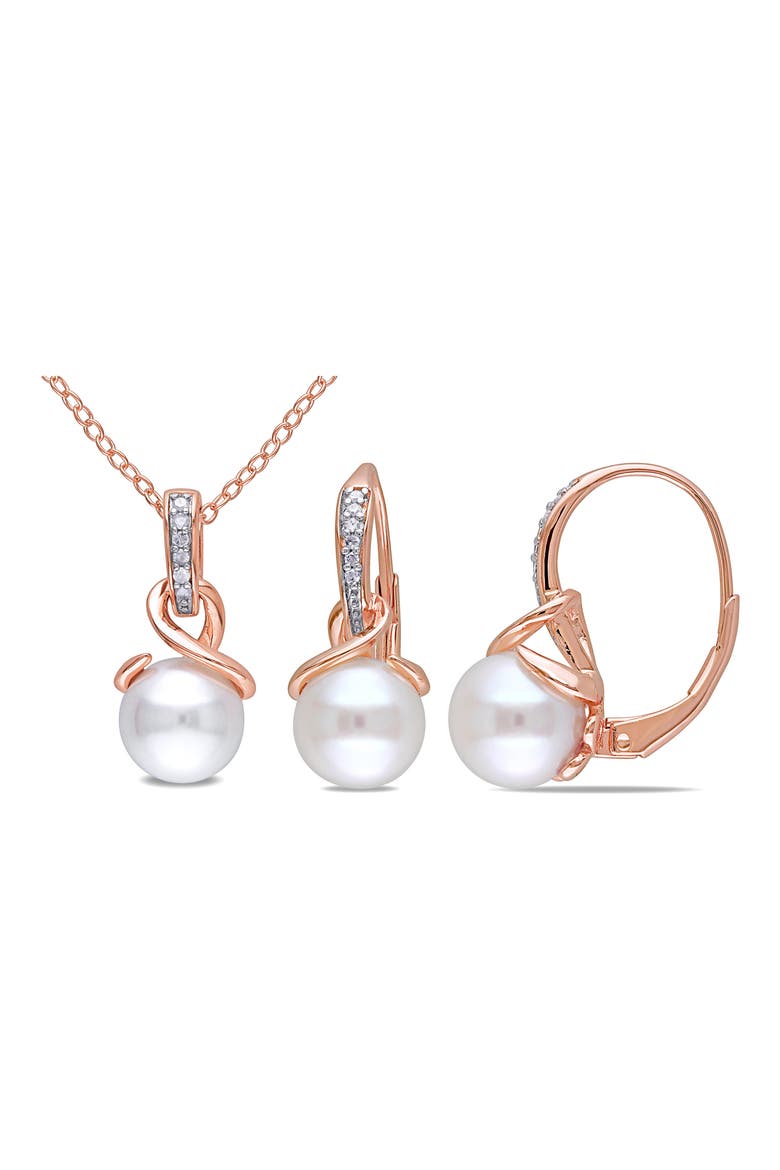 Diamond & Cultured Freshwater Pearl Pendant Necklace & Drop Earrings Set, Main, color, WHITE