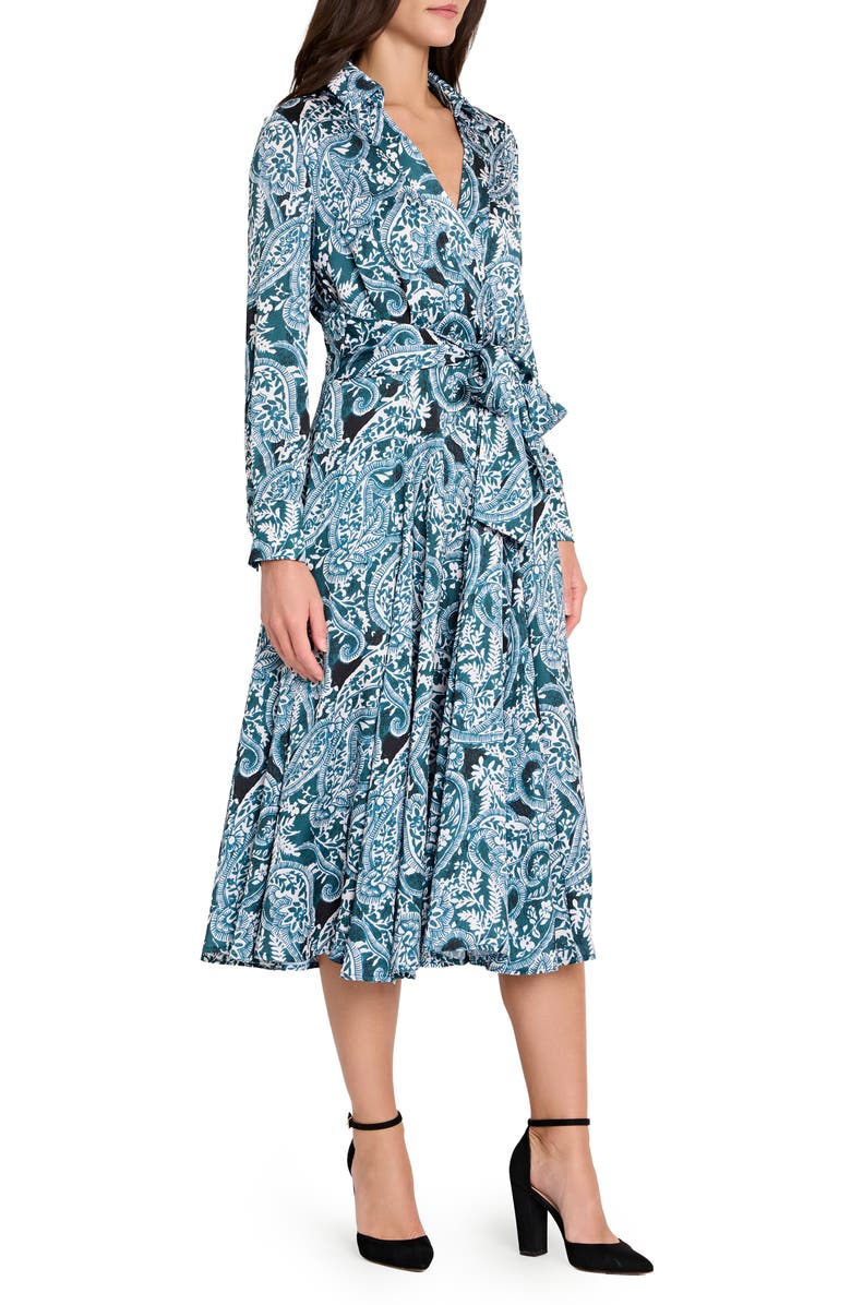 Tahari ASL Tie Belt Matte Satin Shirtdress, Alternate, color, Teal