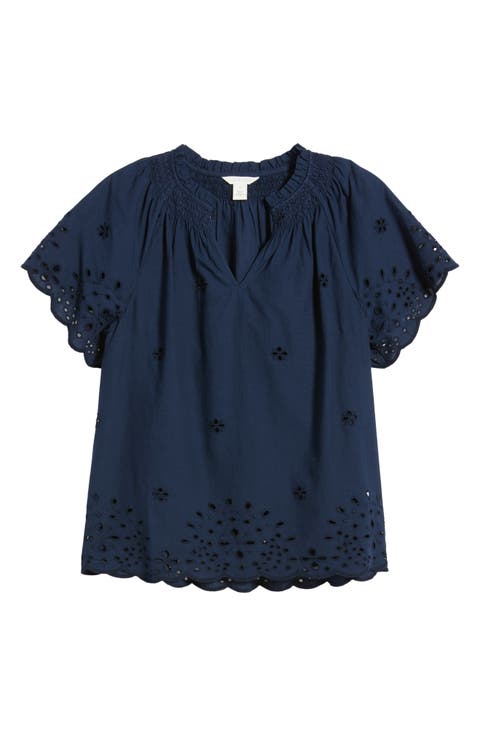 Eyelet Ruffle Trim Cotton Top