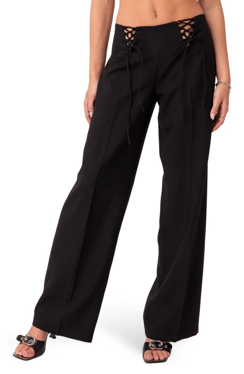 EDIKTED Abigail Lace-Up Wide Leg Pants, Main, color, 