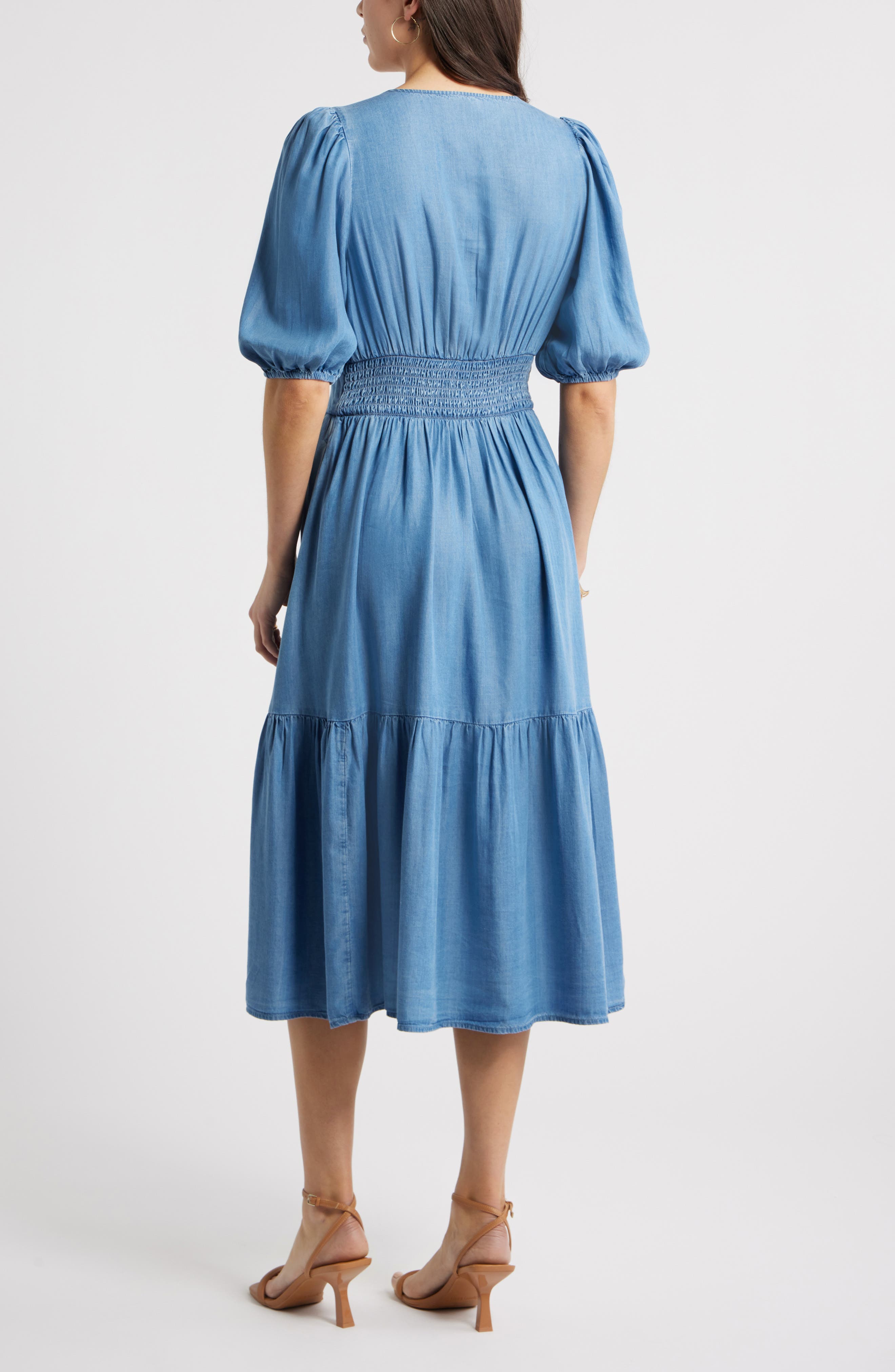 Twist Front Puff Sleeve Chambray Midi Dress (Women) | Nordstrom