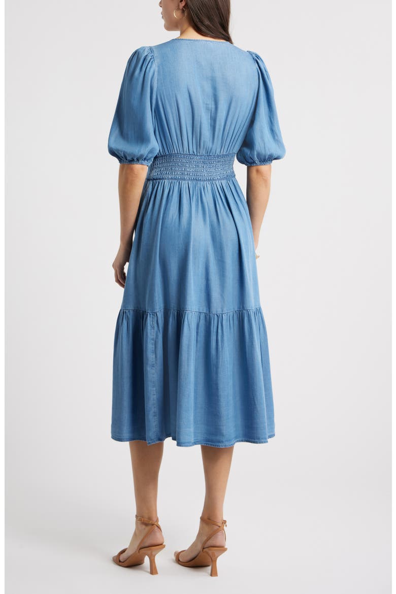 Twist Front Puff Sleeve Chambray Midi Dress, Alternate, color, MEDIUM WASH
