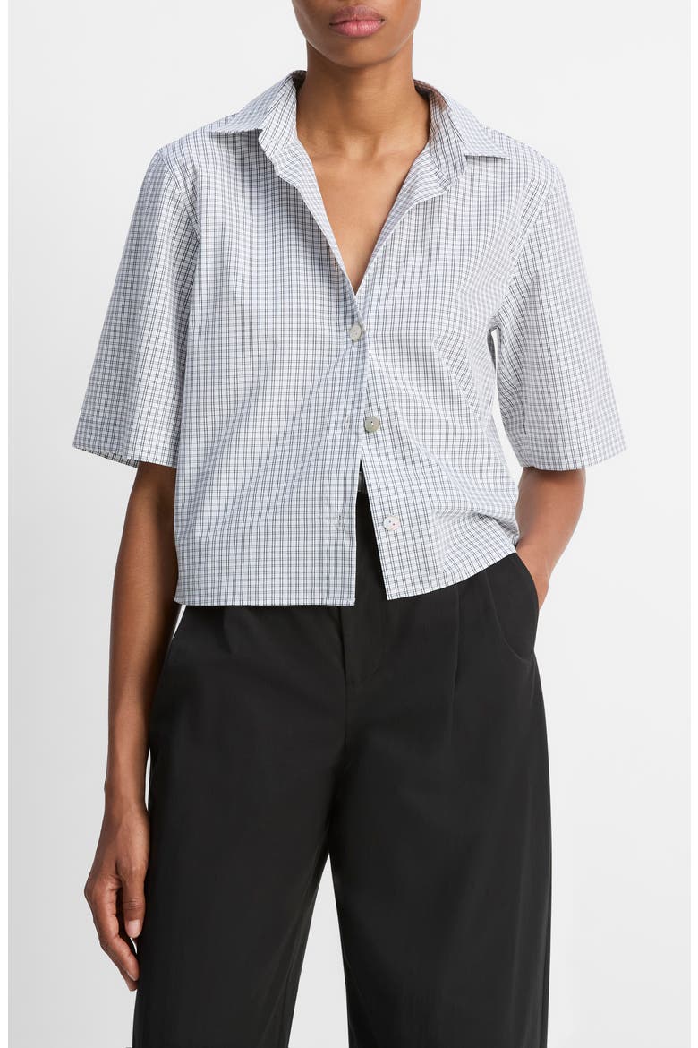 Check Cotton Crop Button-Up Shirt, Main, color, OFF WHITE/ COASTAL