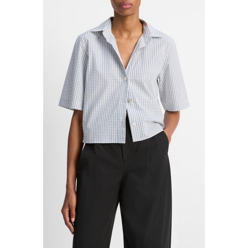 Vince Check Cotton Crop Button-up Shirt In Blue