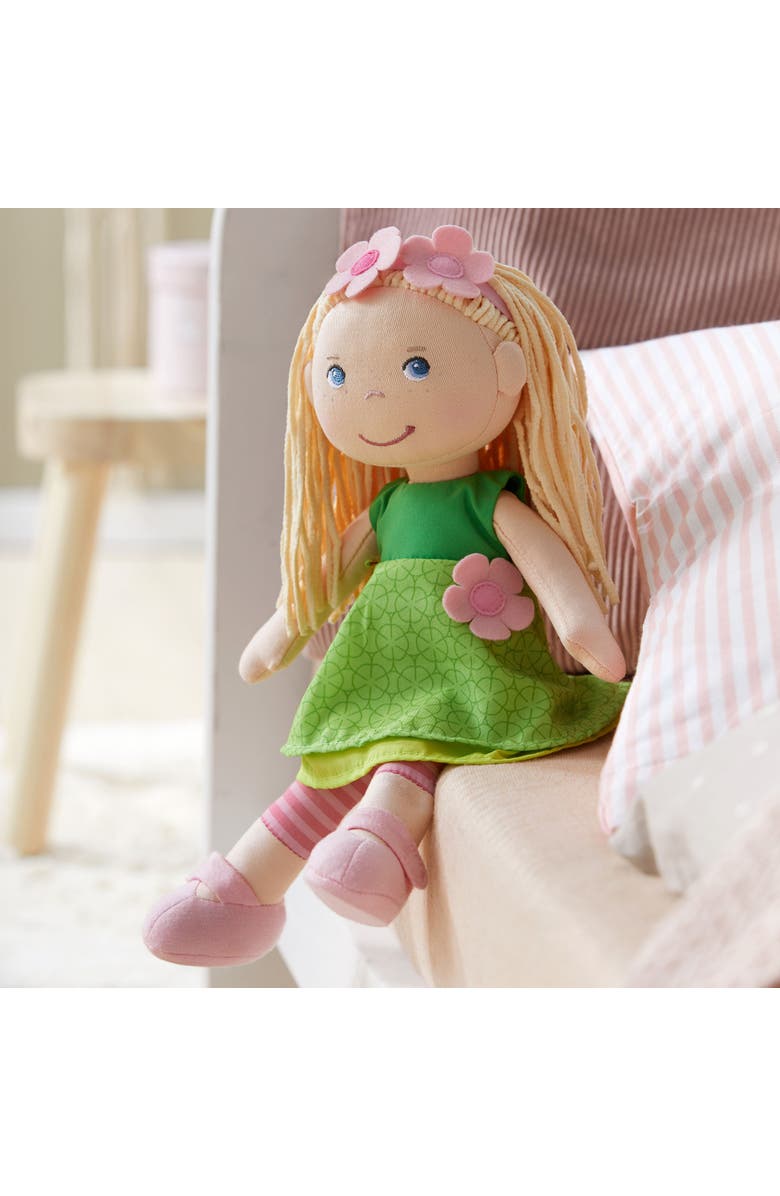 HABA 12" Soft Doll Mali with Blonde Hair and Blue Eyes, Soft Toddler Baby Dolls with Embroidered Face, Machine Washable Toddler Girl Toys for 18 mo+, Alternate, color, Green Multi