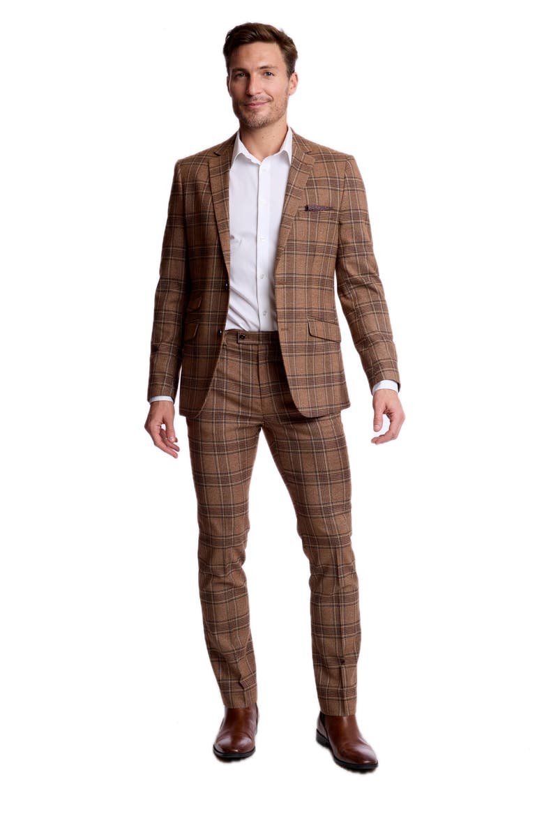 Downing Slim Fit Plaid Dress Pants, Alternate, color, BROWN TAN PLAID