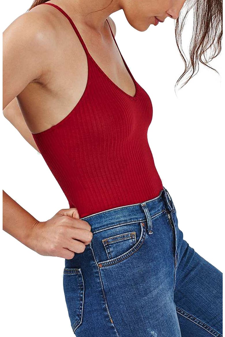Crisscross Strap Bodysuit, Alternate, color, RED