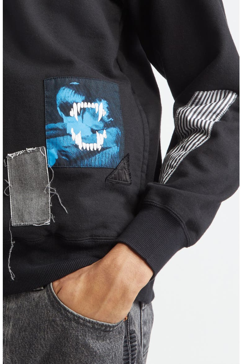 Distressed Patchwork Cotton French Terry Sweatshirt, Alternate, color, BLACK