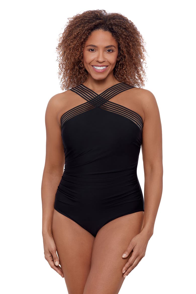 High Criss Cross Neck Full Coverage Novelty Trim One-Piece Swimsuit, Main, color, Black