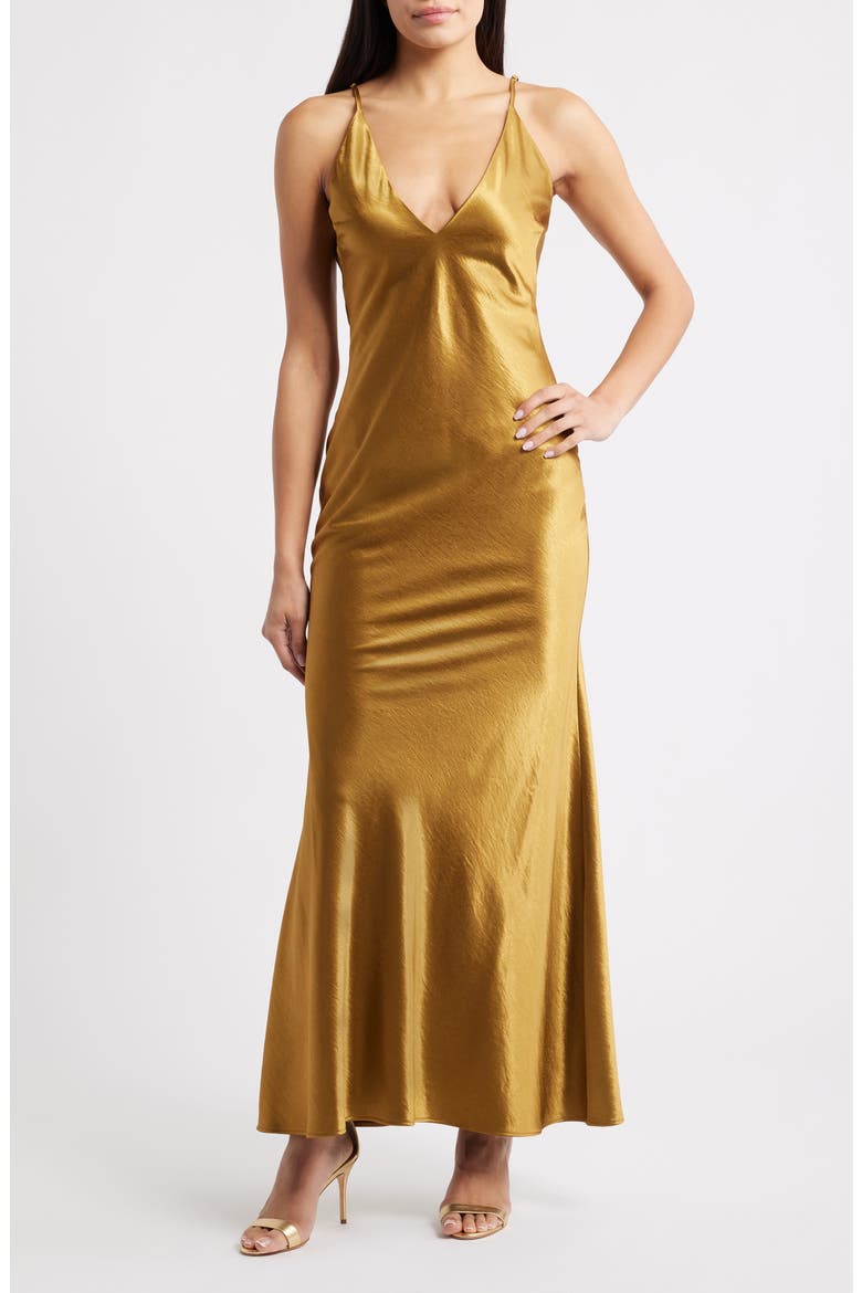 Zadie Bias Cut Satin Maxi Cocktail Slipdress, Main, color, GOLD