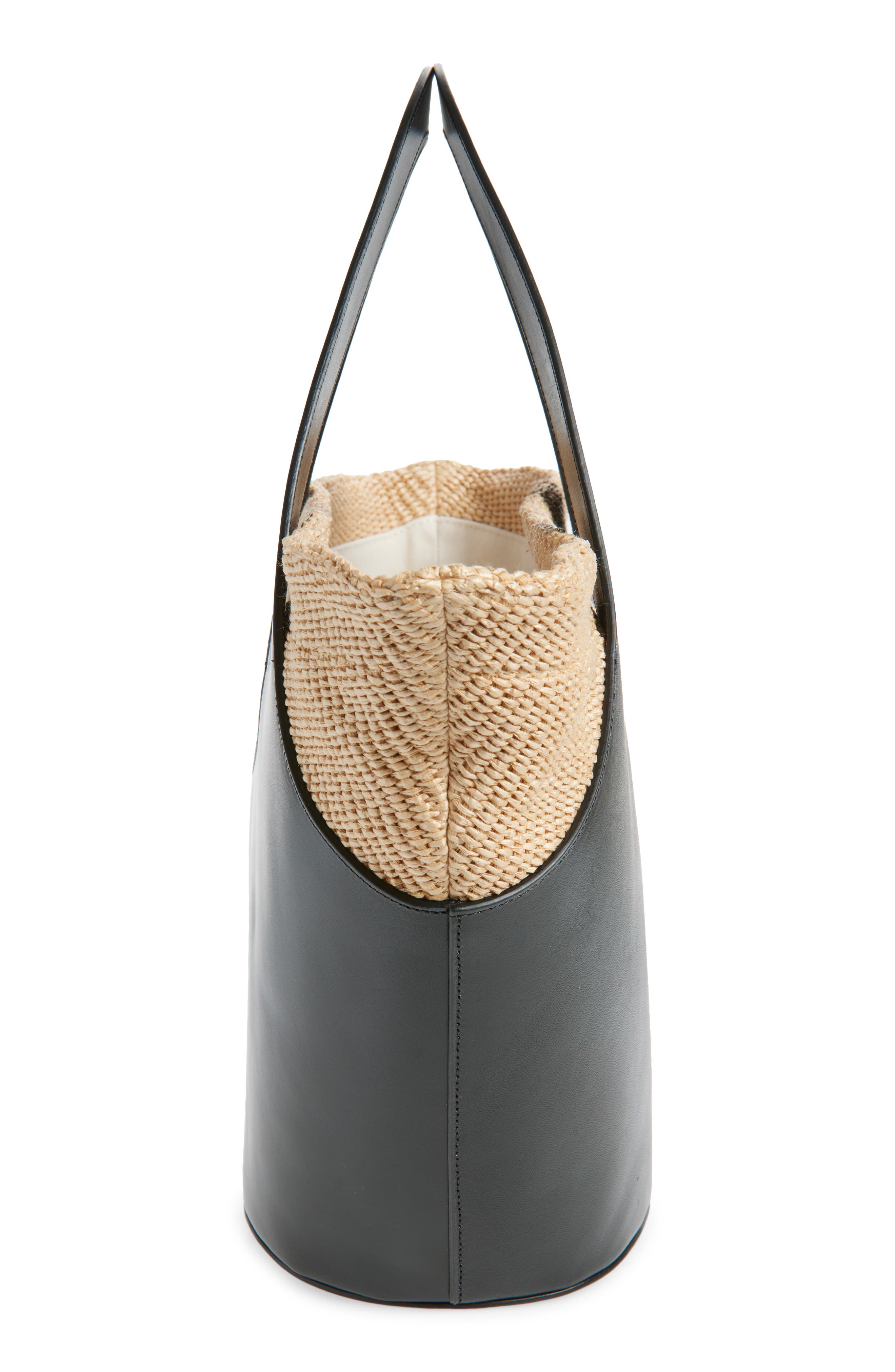 Reformation Siena Leather & Raffia Top Handle Tote, Alternate, color, Black Leather Natural Raffia