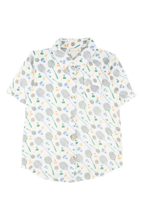 Miki Miette Kids' Jerry Racket Print Short Sleeve Cotton Button-up Shirt In Badminton