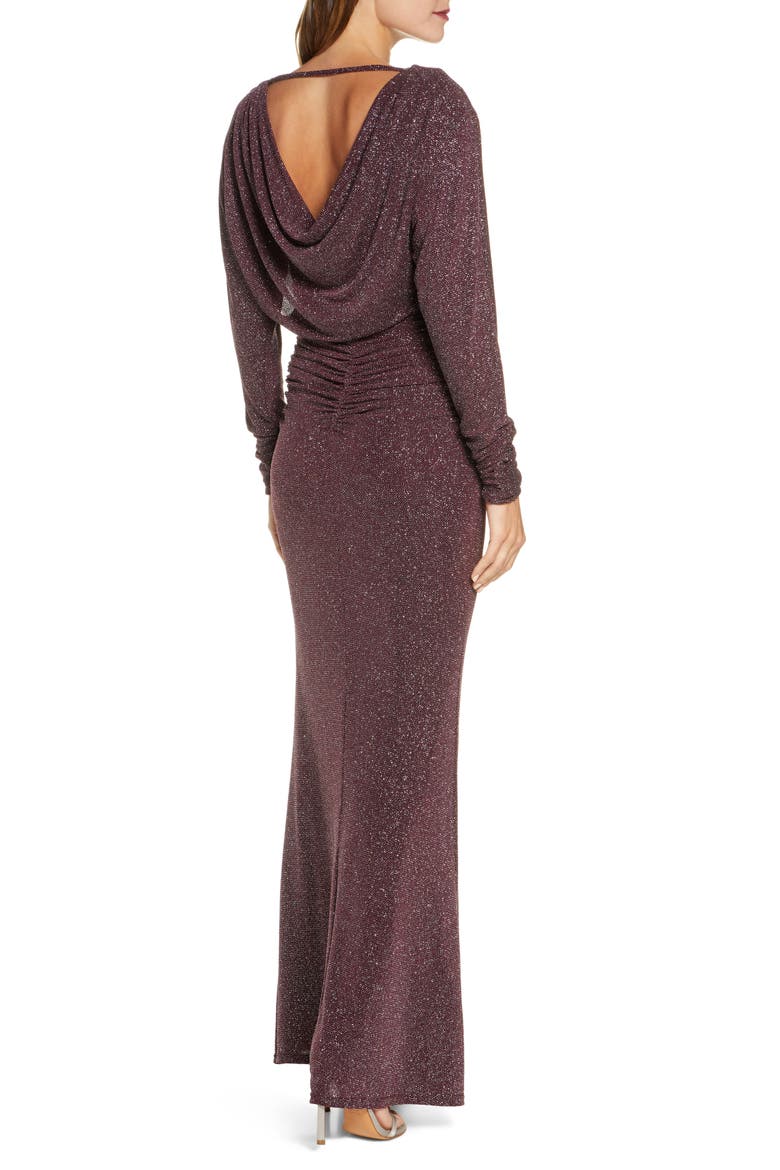 Cowl Back Metallic Long Sleeve Gown, Alternate, color, PLUM