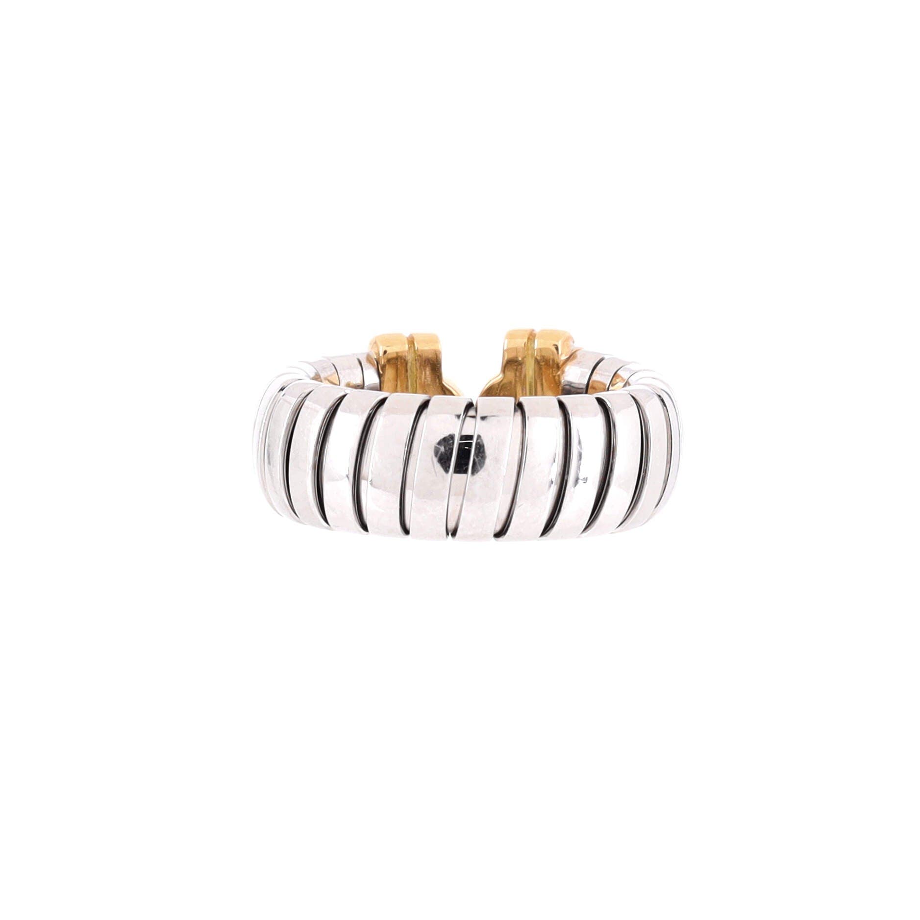 Tubogas Parentesi Ring Stainless Steel and 18K Yellow Gold with Diamond, Alternate, color, Metallic Gold