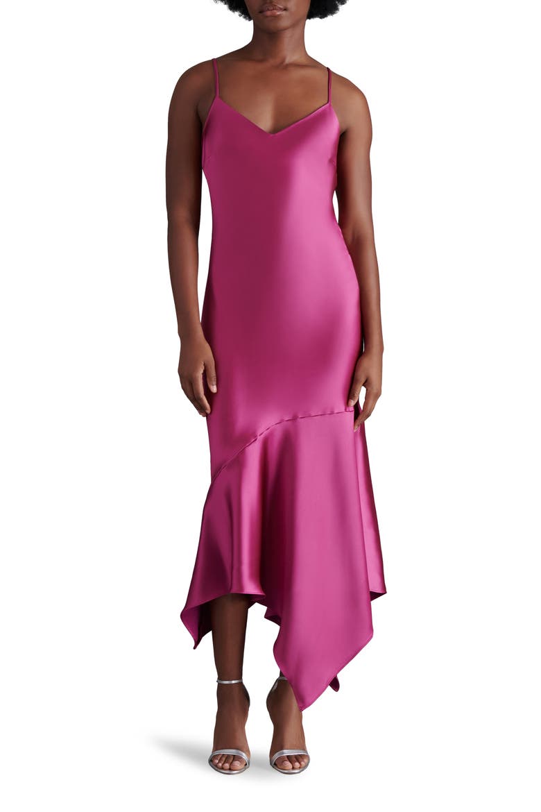 Lucielle Handkerchief Hem Satin Slipdress, Main, color, BRIGHT ROSE