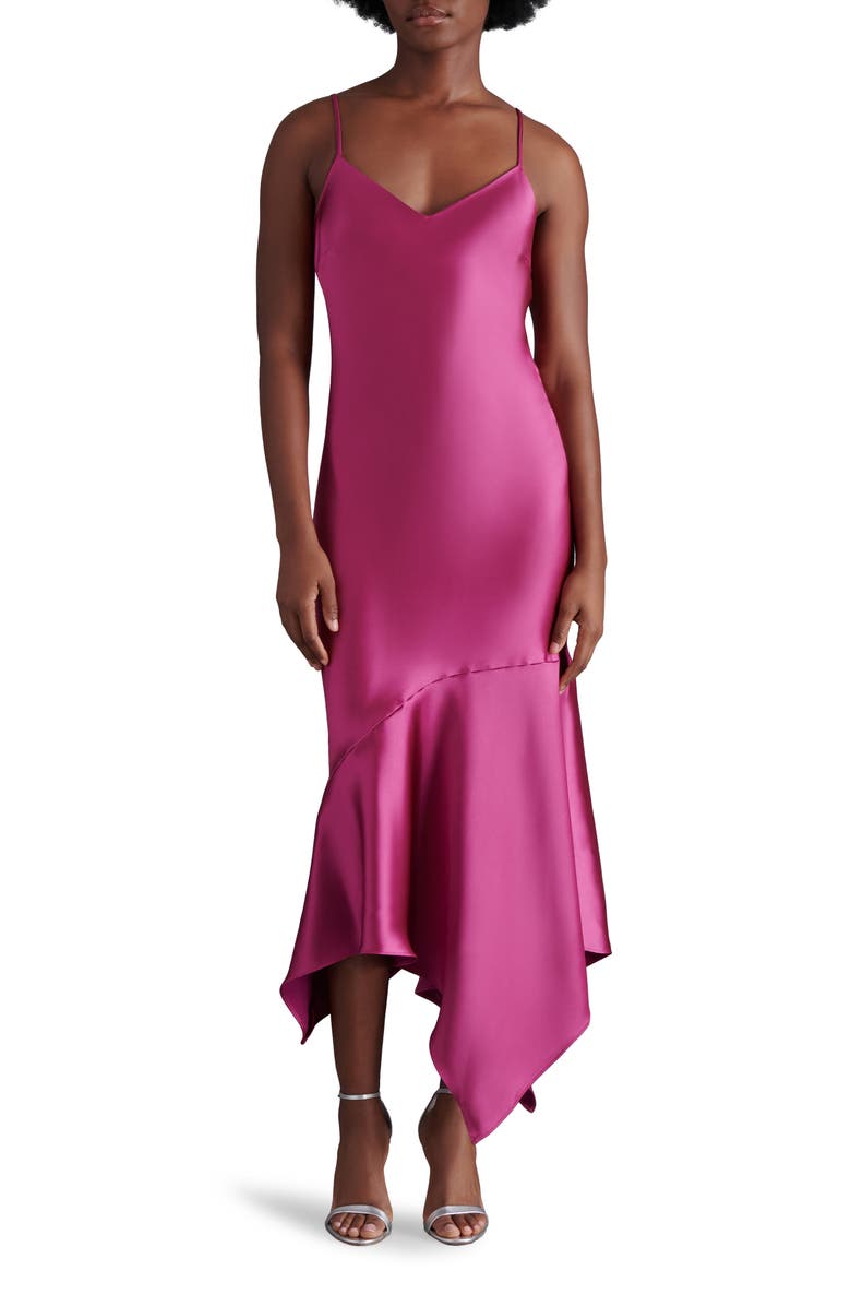 Steve Madden Lucielle Handkerchief Hem Satin Slipdress, Main, color, Bright Rose