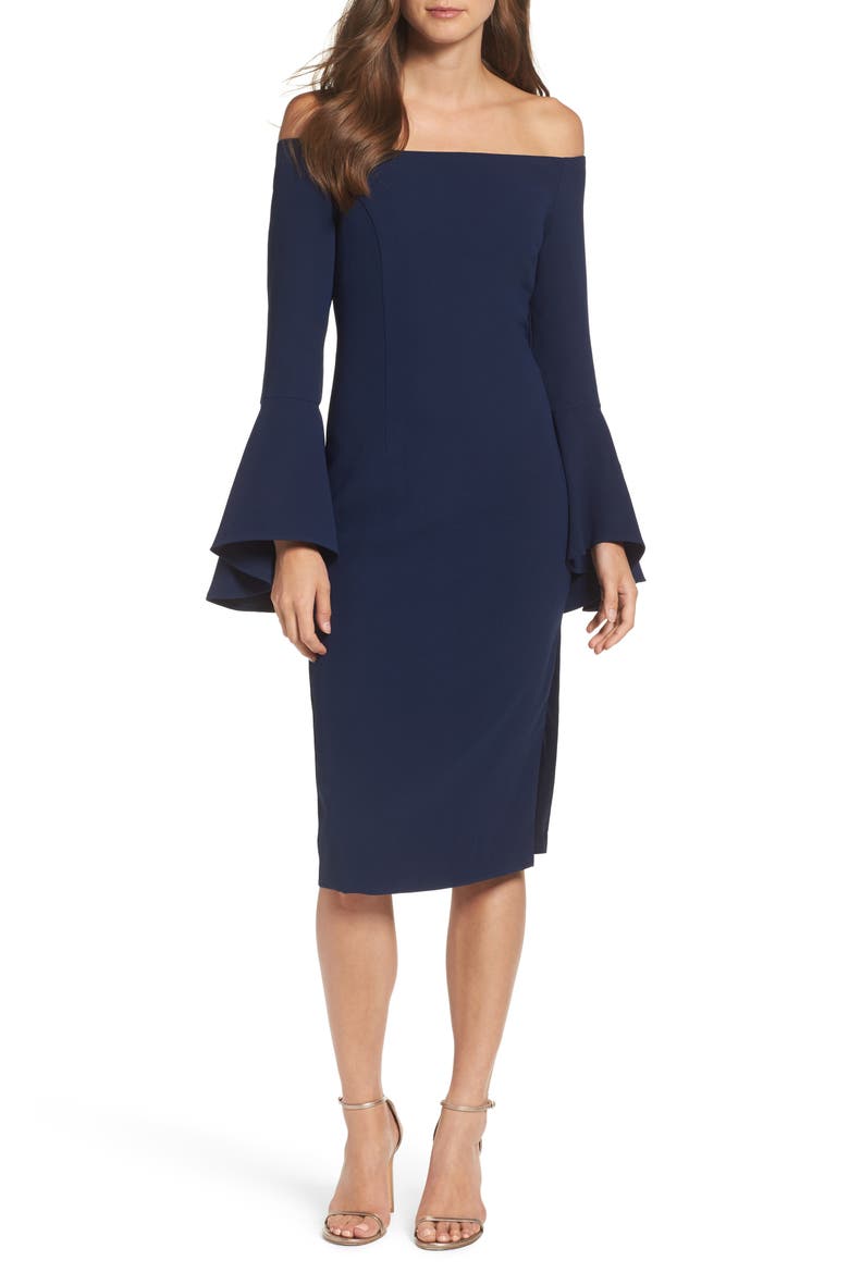 'Solange' Off the Shoulder Midi Dress, Main, color, NAVY