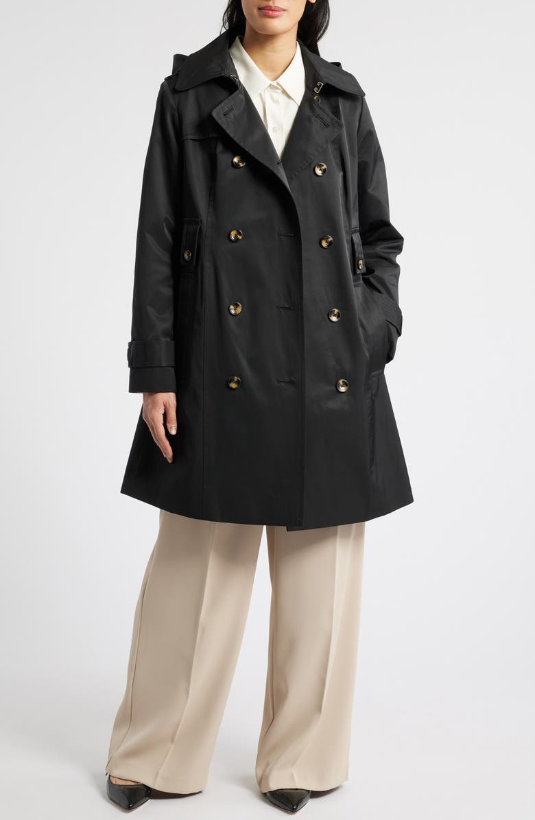 London Fog Missy Hooded Belted Trench Coat, Alternate, color, Black