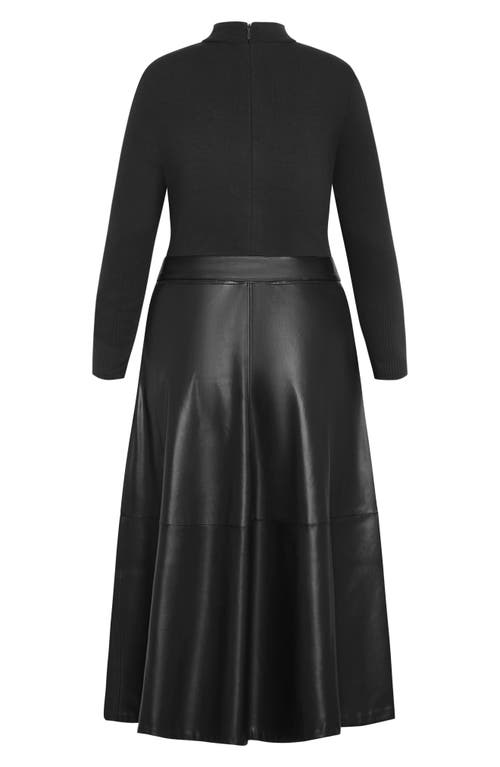 Shop City Chic Lola Mock Neck Rib & Faux Leather Midi Dress In Black