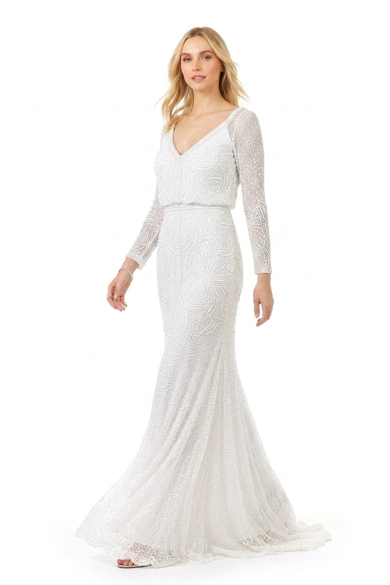 Grant Long Sleeve Beaded Wedding Dress, Alternate, color, Ivory