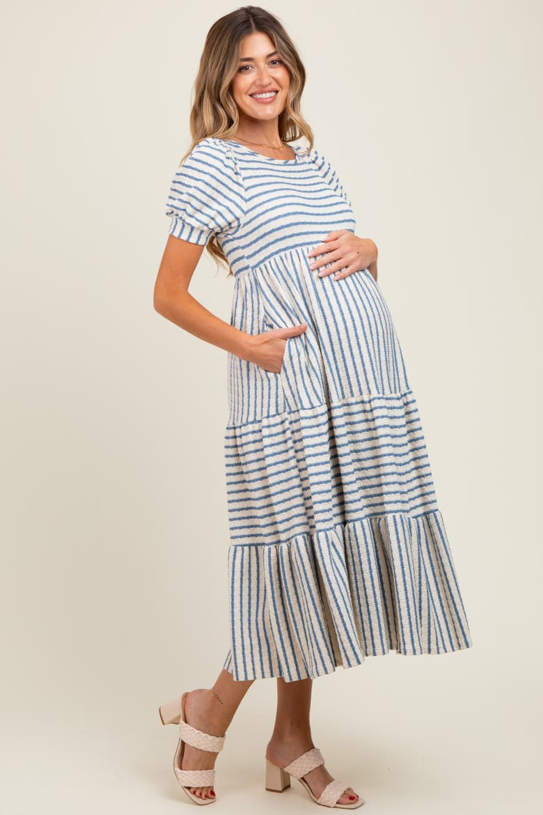 Striped Short Sleeve Tiered Maxi Dress, Alternate, color, Blue