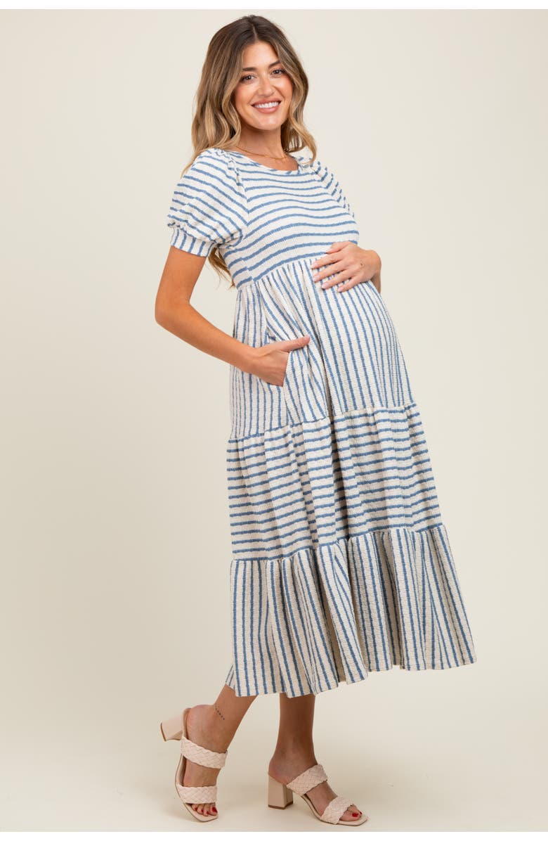 PinkBlush Striped Short Sleeve Tiered Maxi Dress, Alternate, color, Blue