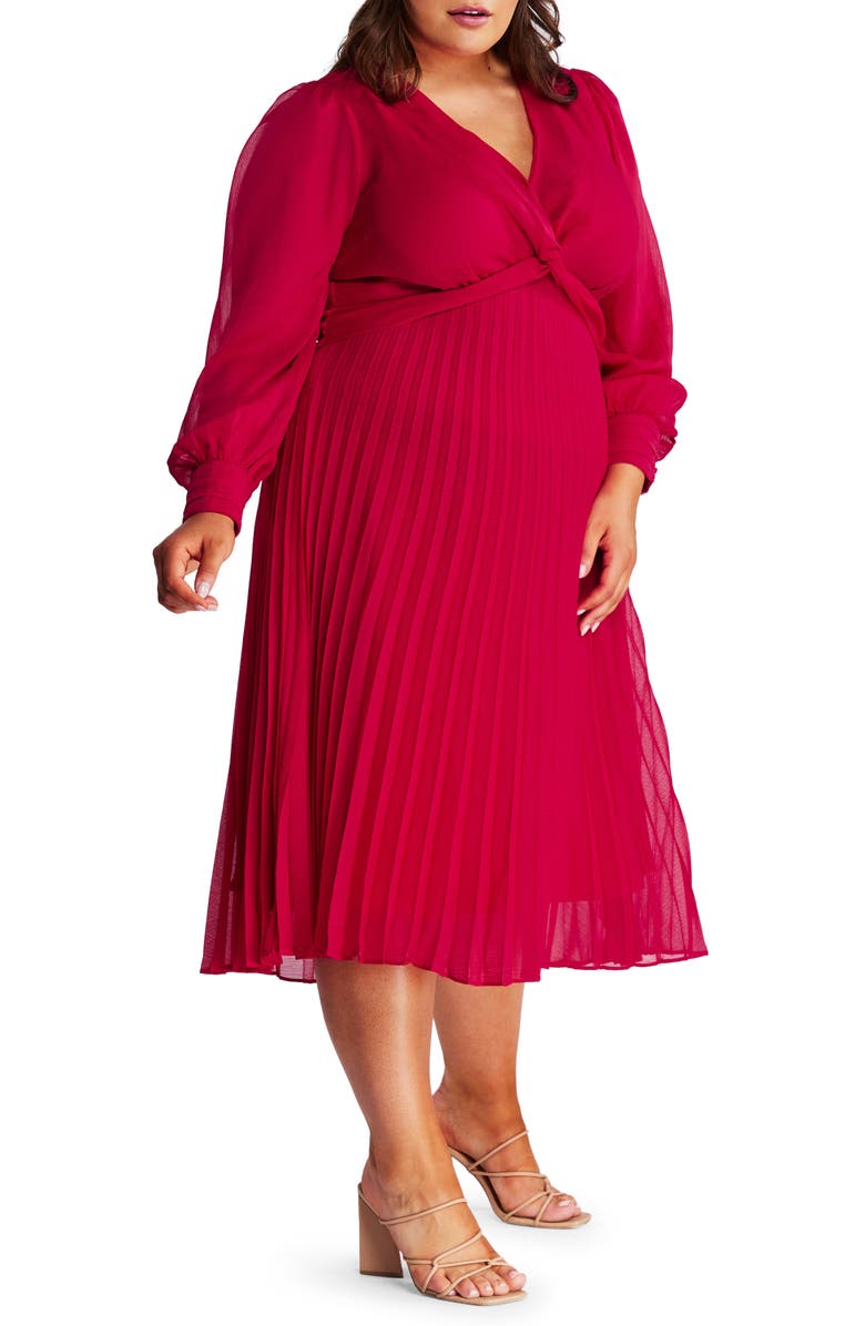Estelle Pleated Long Sleeve Midi Dress, Alternate, color, Raspberry
