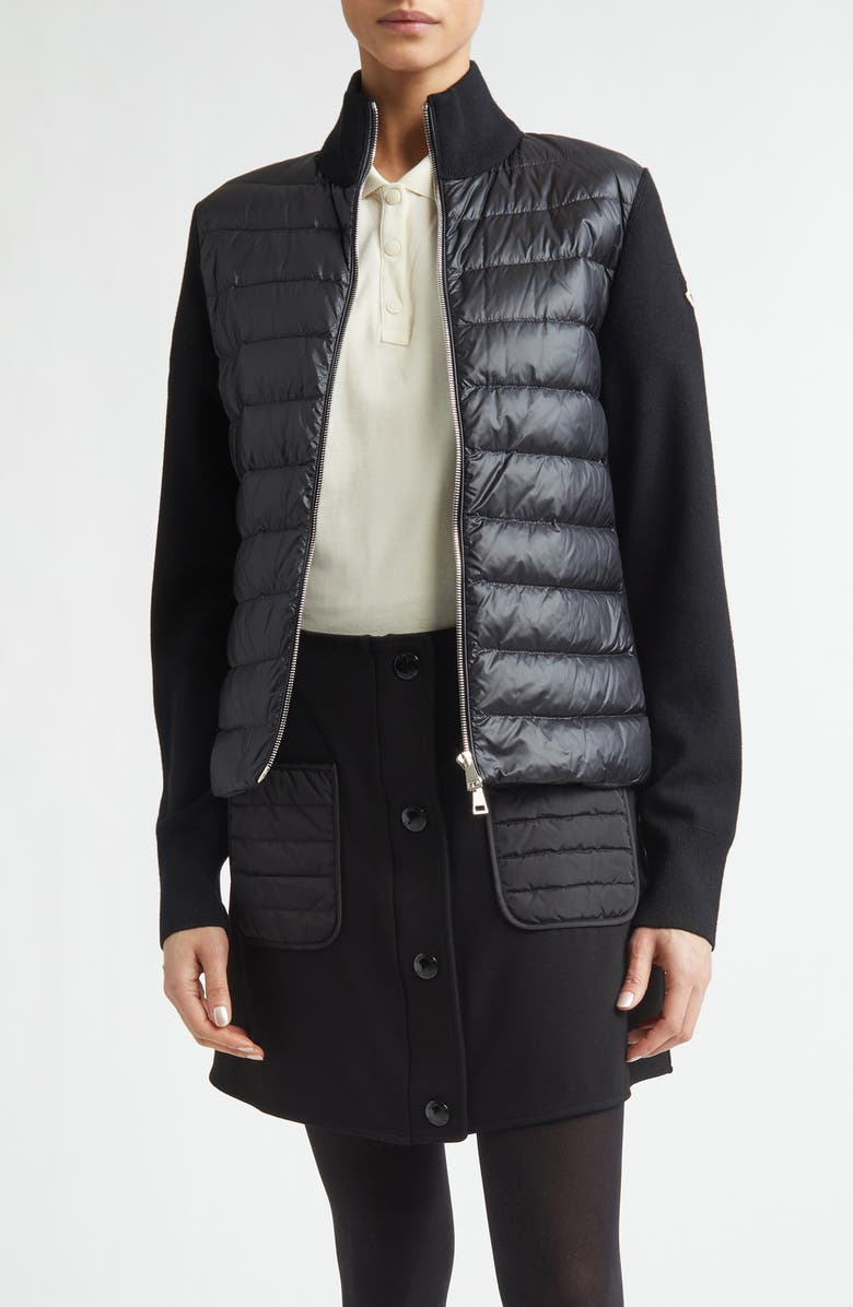 Moncler Wool Knit & Down Cardigan, Main, color, Black